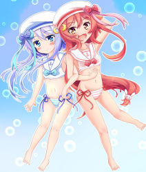 Rule 34 | &gt; &lt;, 2girls, :3, :d, air bubble, alternate costume, arm behind head, arm up, bare arms, bare legs, bare shoulders, barefoot, beret, bikini, blue background, blue bow, blue eyes, blue hair, blush, bow, brown eyes, bubble, commentary request, crescent, crescent hair ornament, fang, gradient background, hair between eyes, hair ornament, hat, kantai collection, locked arms, long hair, low-tied long hair, multiple girls, navel, open mouth, pink bow, rabbit hair ornament, red bow, red hair, sailor bikini, sailor collar, side-tie bikini bottom, sills, smile, striped bikini, striped bow, striped clothes, swimsuit, uzuki (kancolle), very long hair, white bikini, white headwear, white sailor collar, yayoi (kancolle)