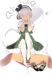 Rule 34 | 1girl, absurdres, blush, censored, covering face, cum, ejaculation, feet, footjob, hairband, highres, konpaku youmu, pantyhose, parted lips, penis, shoes, unworn shoes, silver hair, touhou, white pantyhose