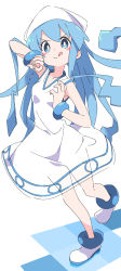 Rule 34 | 1girl, :q, blue eyes, blue hair, blush stickers, commentary request, dress, hat, highres, ikamusume, ixy, long hair, looking at viewer, shinryaku! ikamusume, shoes, simple background, sleeveless, sleeveless dress, solo, squid hat, standing, tentacle hair, tongue, tongue out, white dress, white footwear, white hat