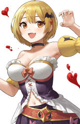 Rule 34 | 1girl, ahoge, animal print, bare shoulders, bat hair ornament, bat print, belt, black choker, black skirt, blonde hair, blush, breasts, chemise, choker, cleavage, cross-laced clothes, detached sleeves, fang, frills, front slit, gold trim, hair ornament, hairclip, hexagram, highres, hololive, large breasts, looking at viewer, navel, nhaliz, open mouth, orange eyes, pleated skirt, red belt, revealing clothes, see-through, see-through sleeves, short hair, short sleeves, simple background, skin fang, skirt, smile, solo, strapless, underbust, vampire, virtual youtuber, white background, yellow eyes, yellow sleeves, yozora mel, yozora mel (1st costume)