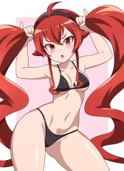 Rule 34 | 1girl, absurdres, abysswatchers, bare shoulders, bikini, black bikini, blush, border, breasts, collarbone, cowboy shot, eris greyrat, highres, long hair, matching hair/eyes, medium breasts, mushoku tensei, open mouth, pink background, red eyes, red hair, simple background, solo, standing, swimsuit, twintails, white border