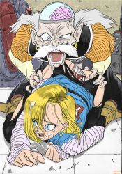 Rule 34 | 1girl, all fours, android, android 18, ass, ass grab, beard, blonde hair, blue eyes, boots, brain, clothed sex, clothes lift, clothing aside, doggystyle, dr. gero (dragon ball), dragon ball, dragonball z, earrings, facial hair, highres, jacket, jewelry, long hair, looking at viewer, looking back, old, old man, open mouth, panties, panties aside, pantyhose, rape, sex, sex from behind, short hair, skirt, skirt lift, tears, torn clothes, underwear, vaginal