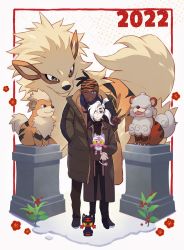 Rule 34 | 2022, 2boys, alternate color, alternate costume, arcanine, black hair, boots, brown coat, buttons, closed mouth, coat, commentary, creatures (company), dark-skinned male, dark skin, eyeshadow, framed, game freak, gen 1 pokemon, gen 7 pokemon, green eyes, grey eyeshadow, growlithe, hair over one eye, hand up, headband, highres, hisuian growlithe, holding, holding pokemon, litten, long hair, long sleeves, makeup, male focus, multicolored hair, multiple boys, nintendo, orange headband, pale skin, piers (pokemon), pokemon, pokemon (creature), pokemon swsh, raihan (pokemon), shiny and normal, shiny pokemon, standing, two-tone hair, v, white hair, zigzagdb