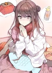 Rule 34 | 1girl, blanket, blush, brown hair, double bun, hair bun, highres, jacket, kotatsu, long hair, long sleeves, looking at viewer, original, own hands together, pillow, pink eyes, red neckwear, scarf, sitting, slippers, solo, table, thought bubble, wata (attaka towel), white jacket
