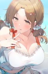 Rule 34 | 1girl, bare shoulders, beach, blush, breasts, brown eyes, brown hair, cleavage, collarbone, copyright request, female focus, finger to mouth, finger to own chin, from above, hair ornament, hairclip, highres, large breasts, long hair, looking at viewer, low twintails, matching hair/eyes, nekoume, outdoors, parted bangs, parted lips, sand, solo, twintails, water