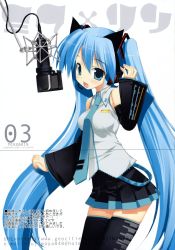 Rule 34 | 1girl, blue eyes, blue hair, breasts, detached sleeves, female focus, fujima takuya, hatsune miku, highres, long hair, matching hair/eyes, microphone, necktie, skirt, smile, solo, thighhighs, twintails, very long hair, vocaloid, white background, zettai ryouiki