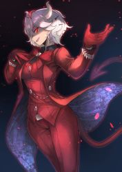 Rule 34 | 1girl, beelzebub (helltaker), black shirt, bow, breasts, commentary, demon girl, demon horns, demon tail, formal, from side, gloves, hair over one eye, hand on own chest, hand up, helltaker, highres, horns, jewelry, looking at viewer, ohako (ohako1818), open mouth, pants, red bow, red eyes, red gloves, red neckwear, red theme, shirt, short hair, smile, solo, suit, tail, white hair, white horns