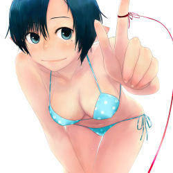 Rule 34 | 1girl, bikini, blue eyes, blue hair, breasts, cleavage, foreshortening, leaning forward, matching hair/eyes, nimirom, original, solo, string, string of fate, swimsuit, wet