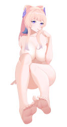 Rule 34 | 1girl, absurdres, alternate breast size, barefoot, breasts, feet, finger to mouth, foot focus, foreshortening, full body, genshin impact, hair ornament, highres, large breasts, legs, purple eyes, qije, sangonomiya kokomi, simple background, soles, thighs, toes, white background