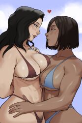 2girls abs asami_sato asymmetrical_docking avatar_legends biceps bikini black_hair blue_bikini blue_eyes breast_press breasts brown_hair cleavage couple dark-skinned_female dark_skin eye_contact eyeshadow female_pubic_hair green_eyes gud0c hand_in_bikini heart highres korra large_breasts looking_at_another makeup multiple_girls muscular muscular_female pubic_hair pubic_hair_peek red_bikini swimsuit the_legend_of_korra yuri