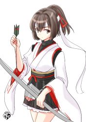 Rule 34 | 1girl, arrow (projectile), artist logo, black hakama, black shirt, blouse, bow (weapon), brown eyes, brown hair, chize, cowboy shot, hair between eyes, hair ribbon, hakama, hakama short skirt, hakama skirt, headband, holding, holding bow (weapon), holding weapon, ise (kancolle), japanese clothes, kantai collection, looking at viewer, ponytail, ribbon, shirt, short hair, simple background, skirt, solo, standing, undershirt, weapon, white background, white headband