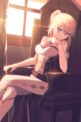 Rule 34 | 1girl, absurdres, bare shoulders, blonde hair, blue eyes, breasts, chair, cleavage, genshin impact, highres, jean (genshin impact), looking at viewer, medium breasts, moseong, pants, ponytail, shirt, sidelocks, sitting, sleeveless, sleeveless shirt, solo, strapless, sunlight, tight clothes, tight pants, tube top
