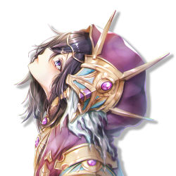 Rule 34 | 1girl, black hair, from side, granblue fantasy, hair ornament, hair over one eye, highres, hood, hood up, ichi natsu, lich (granblue fantasy), long hair, looking up, parted lips, profile, purple eyes, shadow, solo, white background