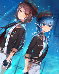 Rule 34 | 2girls, :3, alternate costume, animal ears, back-to-back, belt, beret, black gloves, blue eyes, breasts, brown hair, concert, cowboy shot, dog ears, emblem, epaulettes, fingerless gloves, gloves, hat, hat ribbon, heterochromia, highres, hololive, hoshimachi suisei, idol, inui toko, jacket, long hair, looking at viewer, low twintails, multiple girls, nijisanji, open clothes, open jacket, ponytail, red eyes, ribbon, ringlets, shorts, side ponytail, small breasts, smile, sparkle, stage, tsurime, twintails, very long hair, virtual youtuber, virus (obsession), wavy hair, yellow eyes