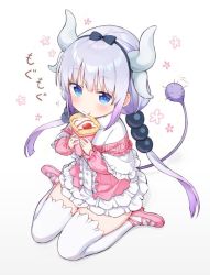 Rule 34 | 10s, 1girl, bad id, bad pixiv id, beads, black bow, blue eyes, blunt bangs, blush, bow, capelet, crepe, dragon girl, dragon horns, dragon tail, dress, eating, food, full body, gradient background, hair beads, hair bow, hair ornament, hairband, holding, holding food, horns, kanna kamui, kobayashi-san chi no maidragon, long hair, long sleeves, looking at viewer, pink footwear, shoes, silver hair, simple background, sitting, solo, tail, takapon (tahema1188), thick thighs, thighhighs, thighs, tokki, twintails, wariza, white thighhighs, zettai ryouiki