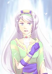 Rule 34 | 1girl, avril vent fleur, bad id, bad pixiv id, blue eyes, braid, breasts, choker, commentary request, french braid, gloves, gold trim, green hairband, hairband, headdress, long hair, medium breasts, sidelocks, simple background, solo, upper body, white hair, wild arms, wild arms 5
