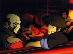 Rule 34 | 1990s (style), 2boys, 2girls, beard, blush stickers, breasts, brown eyes, chair, cleavage, couch, cowboy bebop, dark, edward wong hau pepelu tivrusky iv, facial hair, faye valentine, formal, headband, jet black, lipstick, looking at viewer, makeup, multiple boys, multiple girls, over shoulder, red hair, red upholstery, scar, shelf, shirt, sitting, sleeping, spike spiegel, suit, table, wallpaper, white shirt, yellow shirt
