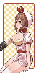 Rule 34 | 1boy, 1girl, atelier (series), atelier ryza, atelier ryza 1, atelier ryza 2, blush, breasts, brown hair, cleavage, hair between eyes, hair ribbon, hat, highres, jewelry, kaninoko, large breasts, medium breasts, necklace, open mouth, outside border, puffy short sleeves, puffy sleeves, red ribbon, reisalin stout, ribbon, short sleeves, sidelocks, simple background, sitting, star (symbol), star necklace, sweatdrop, thick thighs, thighhighs, thighs, uniform, waitress, yellow eyes
