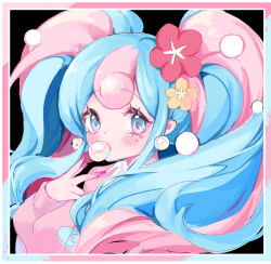 Rule 34 | 1girl, aqua eyes, black background, blue border, blue hair, blush, border, cardigan, chewing gum, chinese commentary, collared shirt, commentary request, creatures (company), earrings, eyelashes, facial mark, fairy miku (project voltage), fingernails, flower, game freak, hair flower, hair ornament, hatsune miku, heart, heart facial mark, jewelry, light blue hair, lips, long fingernails, long hair, long sleeves, looking at viewer, momosake-momoko, multicolored hair, nail polish, nintendo, pink border, pink cardigan, pink eyes, pink flower, pink hair, pink nails, pokemon, portrait, project voltage, shirt, sleeves past wrists, solo, streaked hair, twintails, two-tone eyes, two-tone hair, v, vocaloid, white shirt, yellow flower, yume kawaii