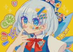 Rule 34 | 1girl, absurdres, blue bow, blue eyes, blue hair, blue nails, blue vest, bow, bowtie, candy, cherry, chinese commentary, circled 9, cirno, collared shirt, flower, food, fruit, hair bow, hair ornament, hairclip, heart, highres, ice, ice wings, looking at viewer, nail polish, notice lines, red bow, shirt, shocho (shaojiujiu), short hair, smiley face, solo, sparkle, sparkling eyes, sticker, sticker on face, sun, sunflower, touhou, two-tone nails, upper body, vest, white shirt, wings, x hair ornament, yellow background, yellow nails
