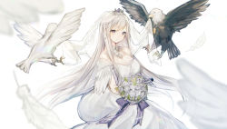 Rule 34 | 1girl, aircraft, airplane, azur lane, bird, bouquet, breasts, bridal veil, cleavage, cowboy shot, crown, detached collar, dove, dress, eagle, enterprise (azur lane), enterprise (starlight oath) (azur lane), feathers, flower, highres, himino0, large breasts, long hair, looking at viewer, mini crown, purple eyes, silver hair, smile, solo, veil, wedding dress, white background