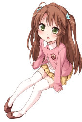 Rule 34 | 1girl, :d, antenna hair, bad id, bad pixiv id, blush, brown hair, full body, green eyes, highres, koshigaya komari, long hair, looking at viewer, mousou (mousou temporary), non non biyori, open mouth, pleated skirt, school uniform, shoes, simple background, skirt, sleeves past wrists, smile, solo, thighhighs, twintails, two side up, white background, white thighhighs, zettai ryouiki