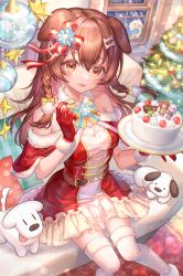 Rule 34 | 1girl, animal ears, bone hair ornament, breasts, cake, caperata (towahuyu), christmas, cleavage, couch, dog ears, dress, food, hair ornament, highres, holding, hololive, indoors, inugami korone, long hair, looking at viewer, looking up, medium breasts, night, sitting, solo, thighhighs, thighs, virtual youtuber, window