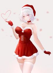 Rule 34 | 1girl, :/, absurdres, azur lane, bad id, bad pixiv id, bare arms, bare shoulders, bell, breasts, choker, christmas, cleavage, closed mouth, cowboy shot, cross-laced clothes, dido (magicc), dress, fur trim, gloves, hair between eyes, hand up, hat, heart, highres, looking at viewer, neck bell, red choker, red eyes, red gloves, revision, santa dress, santa hat, short dress, short hair, simple background, sirius (azur lane), skindentation, solo, strapless, strapless dress, thighhighs, thighs, white background, white hair, white thighhighs, zettai ryouiki