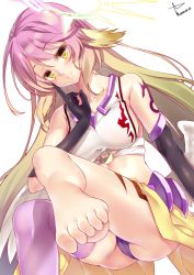 Rule 34 | 10s, 1girl, animal ears, ass, bare shoulders, barefoot, black gloves, blonde hair, breasts, crop top, elbow gloves, feet, female focus, gloves, gradient hair, jibril (no game no life), large breasts, long hair, midriff, multicolored hair, no game no life, outstretched foot, panties, pink hair, purple panties, single thighhigh, skirt, smile, solo, tattoo, thighhighs, toes, underwear, upskirt, very long hair, yappen, yatsu (sasuraino), yellow eyes