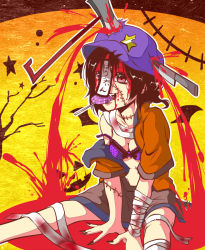 Rule 34 | 1girl, axe, bandages, black hair, blood, blood on face, blue eyes, blue hair, bra, breasts, candy, cleavage, food, halloween, happy, hat, jack-o&#039;-lantern, jiangshi, knife, knife in head, lollipop, matching hair/eyes, miyako yoshika, object through head, ofuda, open clothes, outstretched arms, pool of blood, red eyes, shika miso, short hair, sitting, skirt, smile, solo, star (symbol), stitches, touhou, underwear, weapon