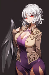 Rule 34 | 1girl, breasts, brown jacket, closed mouth, collar, collarbone, collared jacket, dress, grey background, hair between eyes, hand up, highres, jacket, kishin sagume, large breasts, long sleeves, looking at viewer, open clothes, open jacket, purple dress, raptor7, red eyes, short hair, silver hair, simple background, single wing, solo, standing, touhou, wings