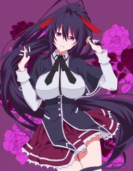 Rule 34 | 1girl, absurdres, black capelet, black corset, black hair, bow, bowtie, breasts, capelet, commentary, corset, hair bow, hair ornament, hair ribbon, high school dxd, highres, himejima akeno, kuoh academy school uniform, large breasts, long hair, looking at viewer, orange ribbon, parted lips, pawowe, ponytail, purple eyes, purple skirt, ribbon, school uniform, skirt, solo, very long hair