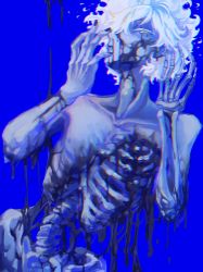 Rule 34 | 1boy, black blood, black nails, blood, blood on face, blue background, bone, chromatic aberration, collarbone, colored blood, colored eyelashes, dripping, fiery hair, guro, highres, male focus, nail polish, ortho shroud, pale skin, ribs, shii (takeko), short hair, simple background, skeletal arm, skeleton, solo, spine, topless male, twisted wonderland, white hair, yellow eyes