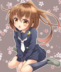 Rule 34 | 1girl, between legs, black sailor collar, black serafuku, black shirt, black skirt, black socks, blush, brown eyes, brown hair, chestnut mouth, commentary request, crescent, crescent pin, floral print, fumizuki (kancolle), grey background, grey footwear, hair between eyes, hand between legs, kantai collection, kneehighs, loafers, long sleeves, looking away, neckerchief, open mouth, pleated skirt, ponytail, sailor collar, school uniform, serafuku, shirt, shoes, sills, simple background, sitting, skirt, socks, solo, wariza, white neckerchief