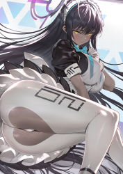 Rule 34 | 1girl, ahoge, apron, ass, black dress, black hair, blue archive, blue bow, blue bowtie, blush, bow, bowtie, breasts, crotch cutout, dark-skinned female, dark skin, dress, feet out of frame, gloves, halo, hand on own chest, highres, karin (blue archive), large breasts, long hair, looking at viewer, lying, maid, maid headdress, on side, panties, pantyhose, parted lips, puffy short sleeves, puffy sleeves, sapysha, short sleeves, solo, torn clothes, underwear, upskirt, very long hair, white apron, white gloves, white panties, white pantyhose, yellow eyes