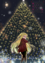 Rule 34 | 1girl, akatsuki uni, ankoku kishi m, back bow, belt, black gloves, black leggings, blonde hair, blurry, blurry background, blush, boots, bow, breath, brown footwear, christmas tree, coat, feet out of frame, from behind, gloves, hand up, highres, knee boots, knees together feet apart, leggings, long hair, long sleeves, looking at viewer, looking back, moon, night, open mouth, parted bangs, red belt, red coat, red eyes, smile, snow, solo, two side up, uni create, very long hair, virtual youtuber