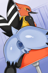 Rule 34 | 1girl, ahegao, anus, ass, beak, bird, black eyes, blue background, blush, bottomless, breasts, chair, clothes lift, constricted pupils, creatures (company), curtains, female focus, fletchinder, from behind, furry, furry female, game freak, gaping, gen 6 pokemon, highres, huge ass, indoors, looking up, medium breasts, nintendo, open mouth, personification, pokemon, pokemon (creature), pokemon xy, pussy, rolling eyes, shadowill, shiny skin, shirt, shirt lift, simple background, sleeveless, sleeveless shirt, solo, spread anus, spread legs, tail, uncensored, yellow shirt