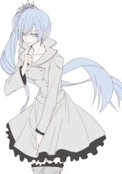 Rule 34 | 1girl, alternate costume, bad id, bad twitter id, blue eyes, commentary request, dress, earrings, finger to mouth, frilled legwear, frills, jewelry, monokuro (sekahate), rwby, scar, scar across eye, scar on face, solo, weiss schnee, white dress, white hair