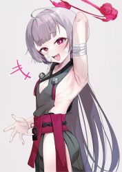 Rule 34 | 1girl, arm up, armpits, bandaged arm, bandages, blue archive, blush, breasts, cleavage cutout, clothing cutout, commentary request, diamond cutout, dusu (htkj), fangs, gauze on cheek, gauze on face, grey hair, halo, highres, long hair, looking at viewer, obi, open mouth, presenting armpit, purple eyes, purple halo, sash, shuro (blue archive), sideless outfit, simple background, small breasts, solo, teeth, upper teeth only, very long hair, white background