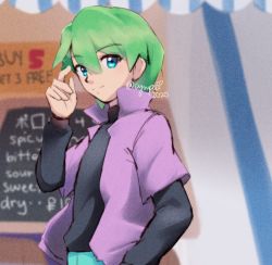 Rule 34 | 1boy, artist name, blue eyes, blurry, blurry background, closed mouth, commentary, creatures (company), cynccino, dated, drew (pokemon), english commentary, game freak, green hair, green pants, hand up, jacket, looking at viewer, male focus, nintendo, open clothes, open jacket, pants, pokemon, pokemon (anime), pokemon rse (anime), popped collar, purple jacket, short sleeves, signature, smile, solo