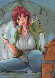 Rule 34 | 1girl, bespectacled, blush, breasts, brown eyes, brown hair, camping, cup, glasses, jpeg artifacts, knapsack, large breasts, looking at viewer, open mouth, rozen maiden, short hair, solo, souseiseki, sweater, tent, tsuda nanafushi