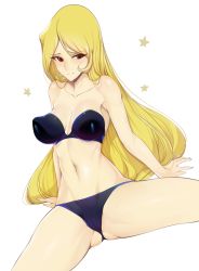 Rule 34 | 1girl, bad id, bad twitter id, bikini, black bikini, blonde hair, blush, breasts, cleavage, cleft of venus, commentary, covered erect nipples, english commentary, eyelashes, ginga tetsudou 999, gluteal fold, highres, large breasts, long hair, maetel, navel, parted bangs, perky breasts, red eyes, slugbox, solo, spread legs, strapless, strapless bikini, sweat, swimsuit, toned, white background