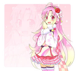 Rule 34 | 1girl, ahoge, amagai tarou, blush, bow, checkered clothes, checkered scarf, earmuffs, flower, frilled skirt, frills, gradient hair, hair flower, hair ornament, heart, long hair, looking at viewer, multicolored hair, open mouth, original, own hands together, pink background, pink hair, rose, scarf, skirt, smile, solo, sparkle, star (symbol), thighhighs, zettai ryouiki, zoom layer