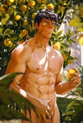 Rule 34 | 1boy, abs, bara, black hair, completely nude, day, facial scar, food, fruit, highres, holding, holding food, holding fruit, holding weapon, large pectorals, lime (fruit), looking at viewer, male pubic hair, muscular, muscular male, nature, navel, nipples, nude, original, outdoors, pectorals, penis, penis peek, pubic hair, scar, scar on cheek, scar on face, short hair, sideburns, solo, sweat, sweatdrop, tai (tai xwxy), tree, weapon, yellow eyes