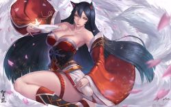 Rule 34 | 1girl, ahri (league of legends), animal ears, bare shoulders, black hair, breasts, bug, butterfly, cleavage, detached sleeves, dress, facial mark, fox ears, fox tail, full body, gtunver, hair between eyes, highres, bug, korean clothes, large breasts, league of legends, long hair, looking at viewer, miniskirt, multiple tails, parted lips, petals, red dress, resolution mismatch, sideboob, skirt, slit pupils, solo, tail, tareme, thighs, very long hair, whisker markings, wide sleeves, yellow eyes