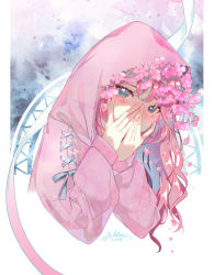 Rule 34 | 1girl, blue eyes, commentary request, covered mouth, cross-laced clothes, cross-laced sleeves, crying, flower, flower trim, grey ribbon, hands over own mouth, highres, hood, hood up, hooded jacket, jacket, leaning forward, long hair, long sleeves, looking at viewer, nail polish, original, petals, pink flower, pink hair, pink jacket, pink nails, pink theme, ribbon, sad, shade, shinonome neko-tarou, signature, solo, tears, w arms