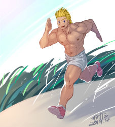 Rule 34 | 1boy, abs, bara, blonde hair, blue eyes, boku no hero academia, full body, highres, large pectorals, looking at viewer, lrpanda00, male focus, muscular, navel, nipples, open mouth, pectorals, running, topless male, short hair, shorts, smile, solo, thick thighs, thighs, togata mirio, white shorts