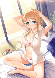 Rule 34 | 10s, 1girl, adjusting hair, arms behind head, ayase eli, bad id, bad pixiv id, bare legs, barefoot, bed, blonde hair, blue eyes, blush, bow, bow bra, bow panties, bra, breasts, butterfly sitting, circle name, cleavage, highres, indian style, indoors, large breasts, long hair, looking at viewer, love live!, love live! school idol project, minami kotori (bird), mouth hold, navel, on bed, open clothes, open shirt, panties, ponytail, rug, scrunchie, shirt, sitting, skirt, unworn skirt, sliding doors, slippers, smile, solo, sousouman, underwear, white bra, white panties, window