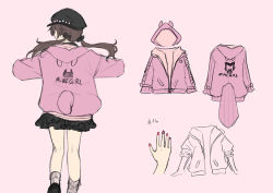 Rule 34 | 1girl, beret, black bow, black footwear, black headwear, black skirt, bow, brown hair, facing away, fake tail, hair bow, hat, hololive, hood, hood down, hooded jacket, jacket, long hair, long sleeves, minamura haruki, nail polish, natsuiro matsuri, natsuiro matsuri (casual), pink background, pink jacket, pink legwear, pink nails, pleated skirt, shoes, simple background, skirt, socks, tail, twintails, virtual youtuber