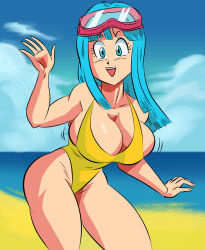 Rule 34 | 1girl, bare shoulders, beach, blue eyes, blue hair, blue sky, bouncing breasts, breasts, casual one-piece swimsuit, cleavage, cloud, curvy, derivative work, diving mask, diving mask on head, dragon ball, dragonball z, funsexydragonball, goggles, goggles on head, happy, highleg, highleg swimsuit, highres, huge breasts, large breasts, long hair, looking at viewer, maron (dragon ball), maron redraw challenge (meme), meme, meme attire, one-piece swimsuit, salute, screenshot redraw, shiny skin, sky, smile, swimsuit, water, wide hips, yellow one-piece swimsuit